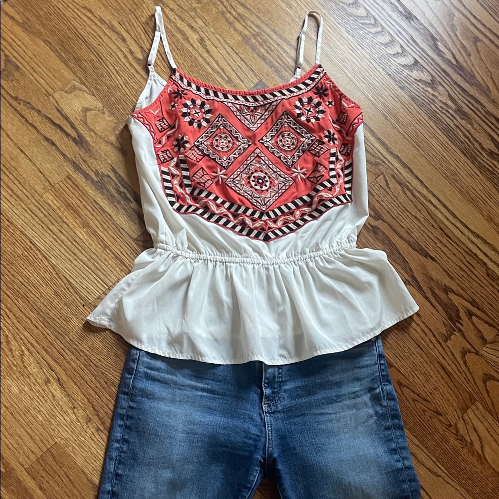 Abercrombie & Fitch Red and White Embroidered Boho Silky Camisole/Top Small - Picture 2 of 7